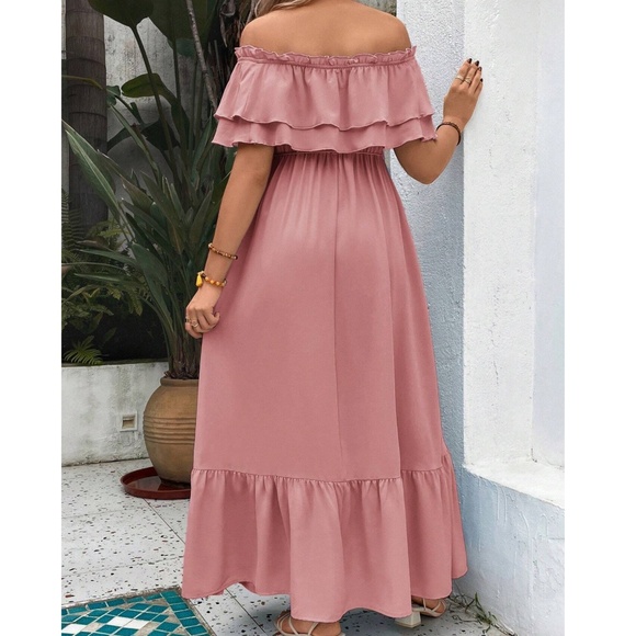 Maternity Off Shoulder ruffle Hem Stretchy Waist Maxi Dress - Picture 6 of 8